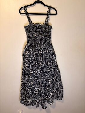 Mexx Navy Polka Dot Smocked Midi Dress Tiered Sleeveless XL Summer Boho
